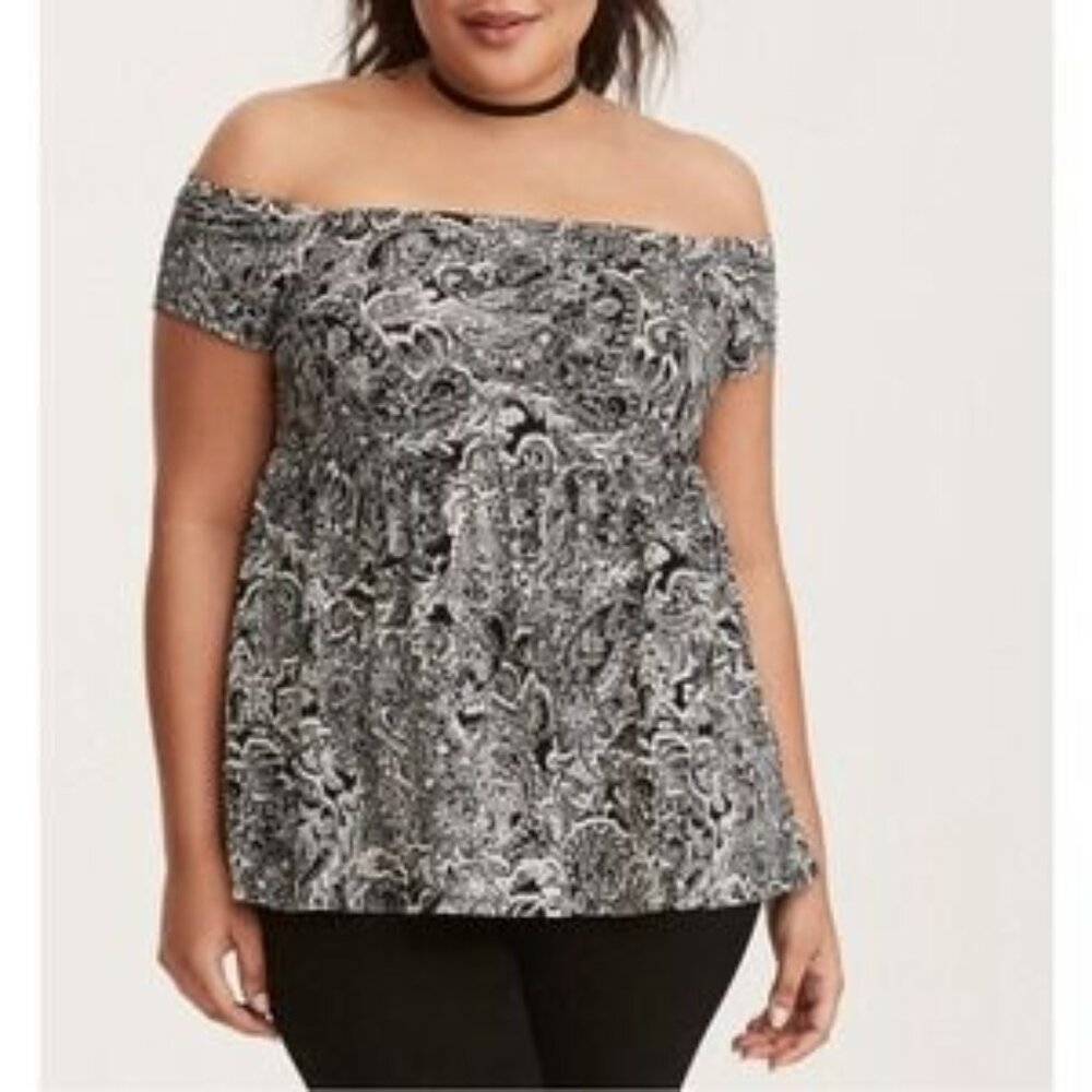 Torrid Paisley Print Off Shoulder Babydoll Top 1